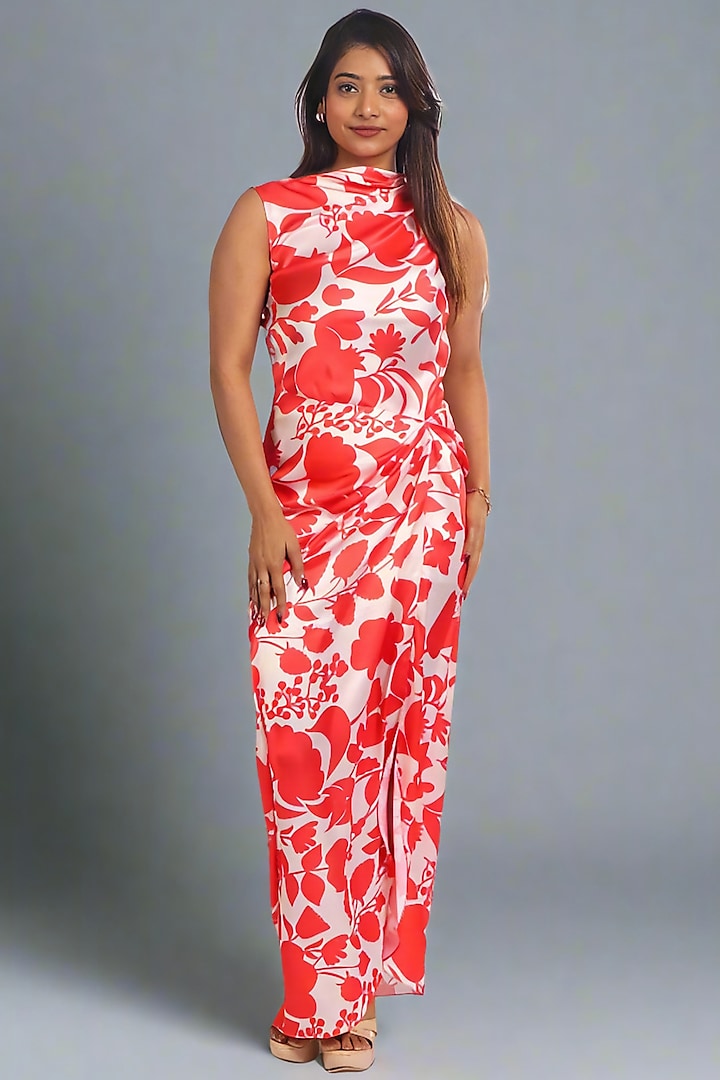 Orange Satin Printed Draped Maxi Summer Dress by Monarch at Pernia's Pop Up Shop