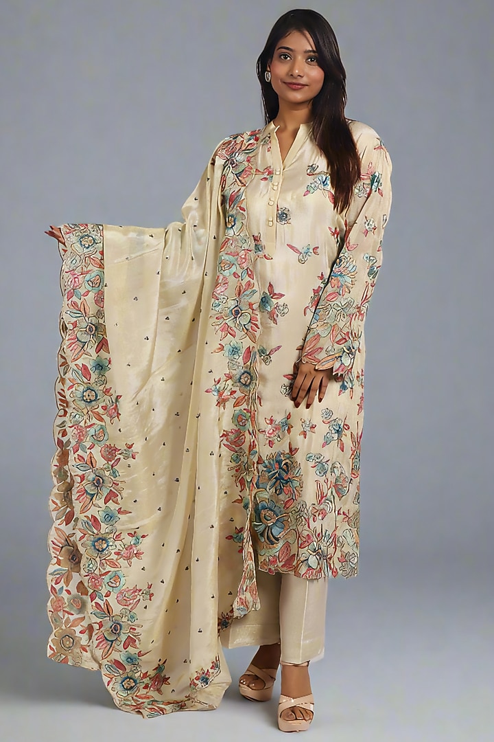 Beige Tissue Machine Embroidered Kurta Set by Monarch at Pernia's Pop Up Shop