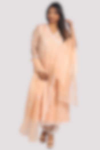 Peach Organza Machine Embroidered Angrakha Kurta Set by Monarch at Pernia's Pop Up Shop