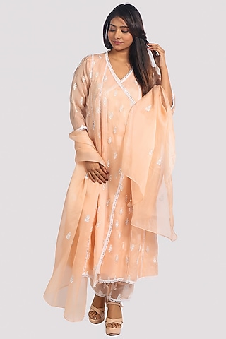 Peach Organza Machine Embroidered Angrakha Kurta Set by Monarch