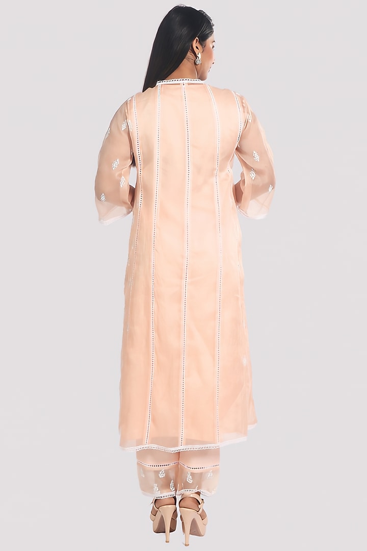 Peach Organza Machine Embroidered Angrakha Kurta Set by Monarch at Pernia's Pop Up Shop