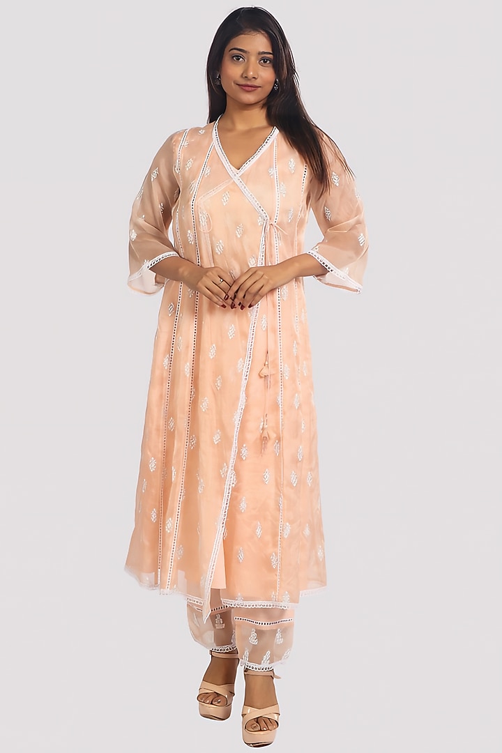 Peach Organza Machine Embroidered Angrakha Kurta Set by Monarch at Pernia's Pop Up Shop