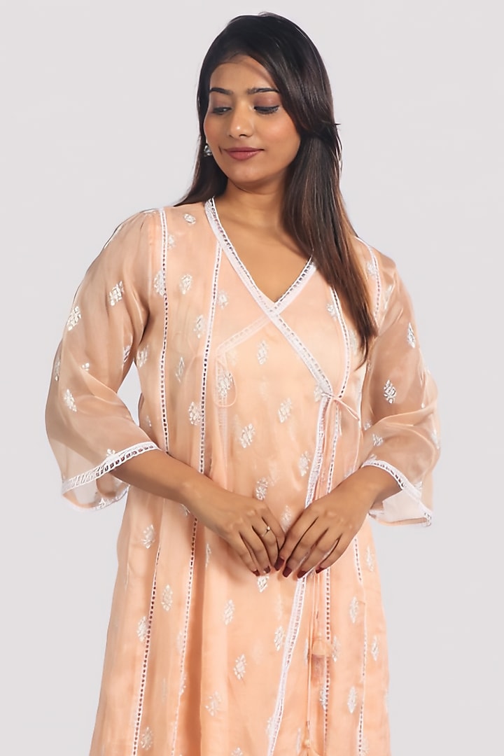 Peach Organza Machine Embroidered Angrakha Kurta Set by Monarch at Pernia's Pop Up Shop