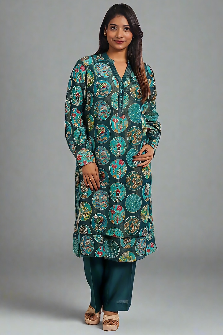 Peacock Blue Tissue Patchwork Kurta Set by Monarch at Pernia's Pop Up Shop