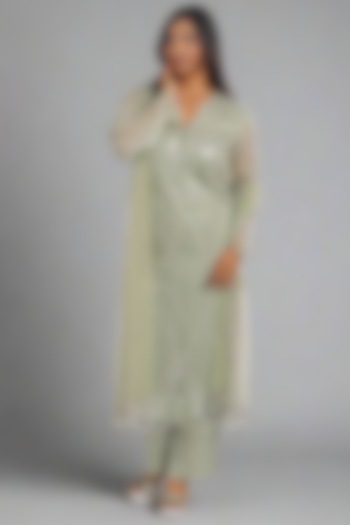 Mint Net & Silk Hand Embroidered Kurta Set by Monarch at Pernia's Pop Up Shop