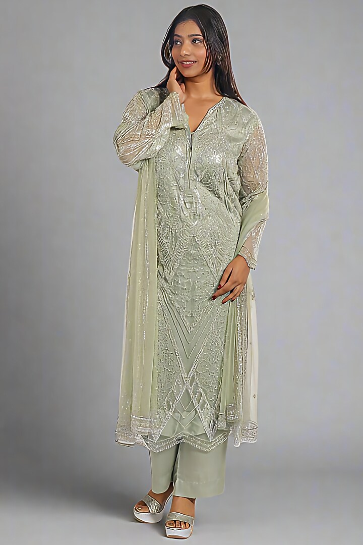Mint Net & Silk Hand Embroidered Kurta Set by Monarch at Pernia's Pop Up Shop