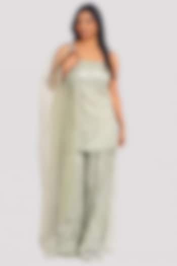 Mint Net & Silk Hand Embroidered Gharara Set by Monarch at Pernia's Pop Up Shop