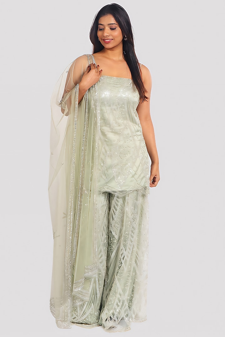 Mint Net & Silk Hand Embroidered Gharara Set by Monarch at Pernia's Pop Up Shop