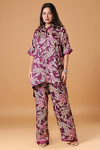 Deep Magenta Organza Floral & Paisley Printed Co-Ord Set by Monarch
