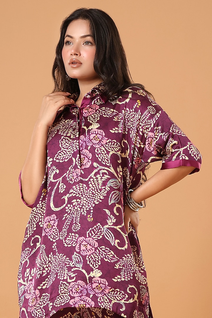 Deep Magenta Organza Floral & Paisley Printed Co-Ord Set by Monarch at Pernia's Pop Up Shop