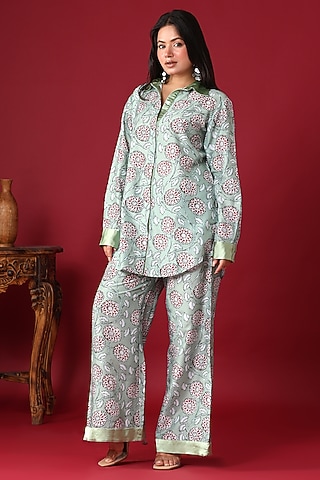 Green Georgette Floral Co-Ord Set by Monarch