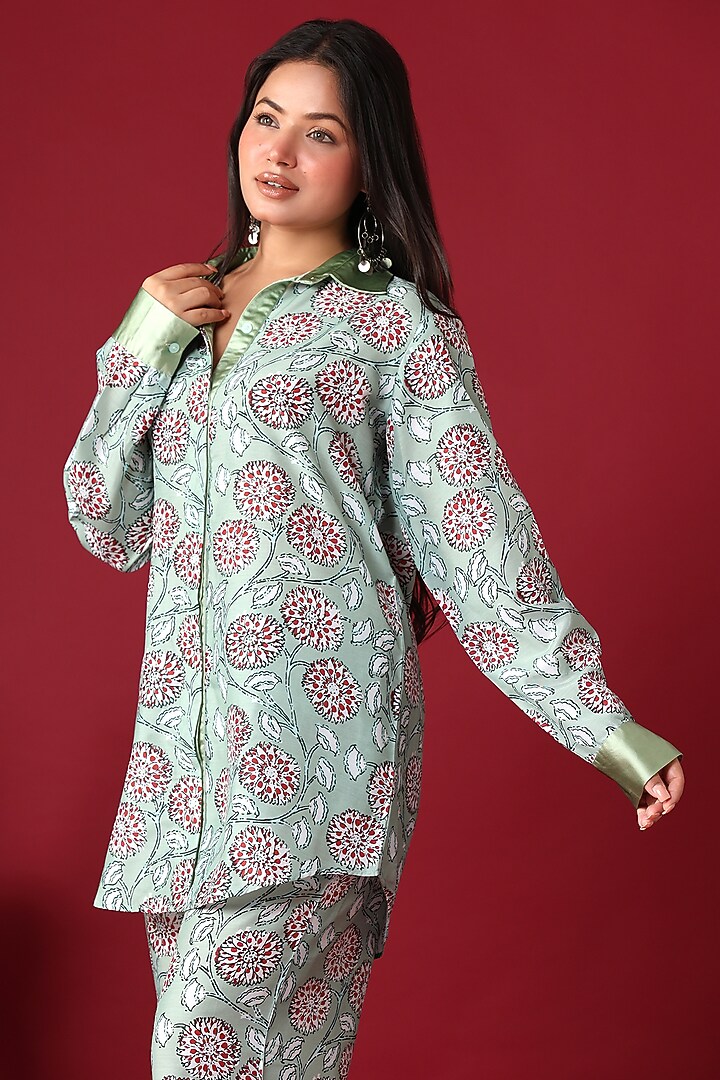 Green Georgette Floral Co-Ord Set by Monarch at Pernia's Pop Up Shop
