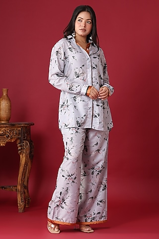 Lavender-Grey Georgette Floral Printed Co-Ord Set by Monarch