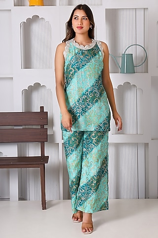 Green Silk Brocade Co-Ord Set by Monarch