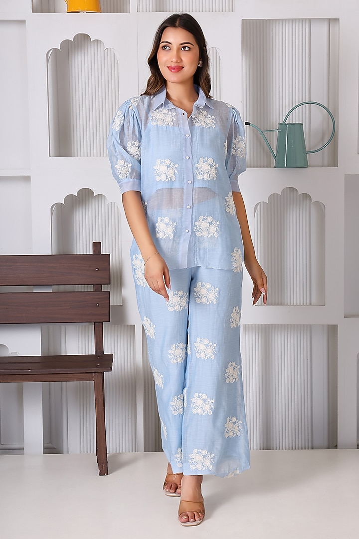 Blue Chanderi Cotton Co-Ord Set by Monarch at Pernia's Pop Up Shop