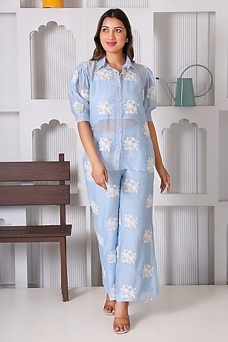 Blue Chanderi Cotton Co-Ord Set by Monarch