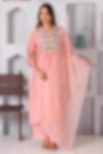 Peach Pink Silk 3D Floral Embroidered Kurta Set by Monarch at Pernia's Pop Up Shop