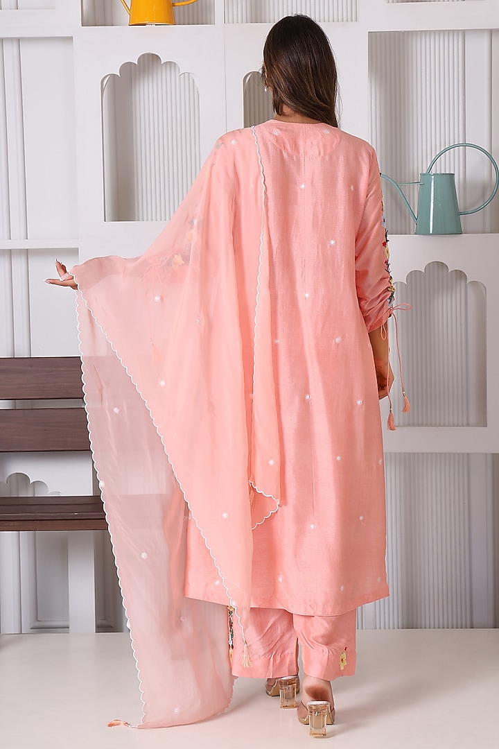 Peach Pink Silk 3D Floral Embroidered Kurta Set by Monarch at Pernia's Pop Up Shop