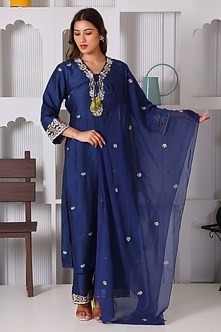 Blue Silk Machine Embroidered Kurta Set by Monarch
