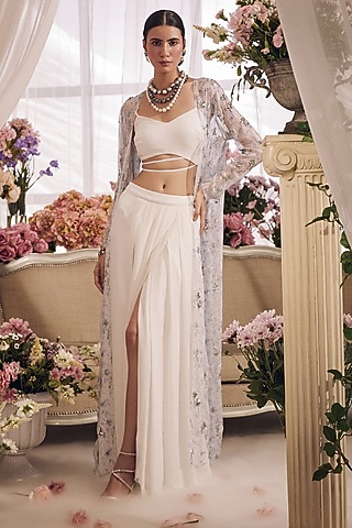 White Georgette High-Slit Skirt Set by Monarch
