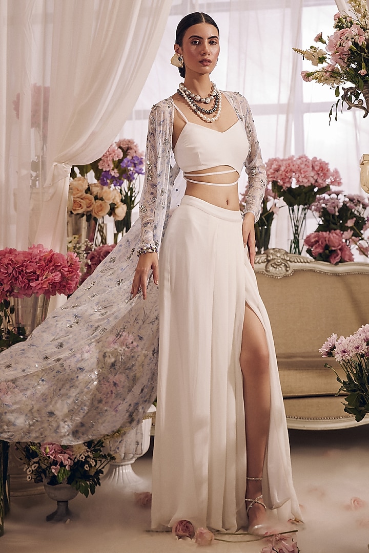 White Georgette High-Slit Skirt Set by Monarch at Pernia's Pop Up Shop