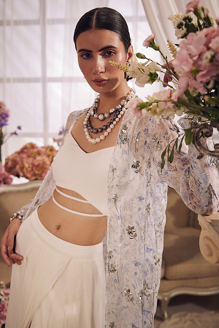 White Georgette High-Slit Skirt Set by Monarch at Pernia's Pop Up Shop