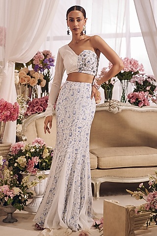 White Georgette Fish-Cut Skirt Set by Monarch