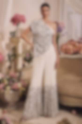 White Georgette Printed Wedding Sharara Set by Monarch at Pernia's Pop Up Shop