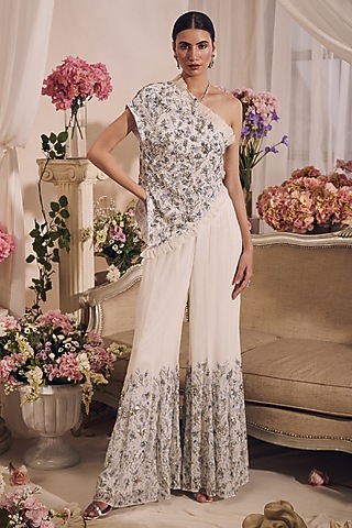 White Georgette Printed Sharara Set by Monarch