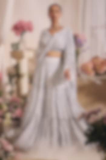 White Georgette Printed Gathered Skirt Set by Monarch at Pernia's Pop Up Shop