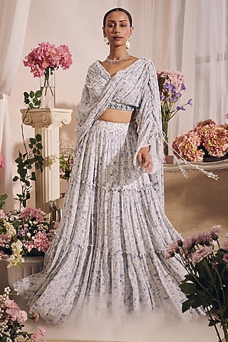 White Georgette Printed Gathered Skirt Set by Monarch