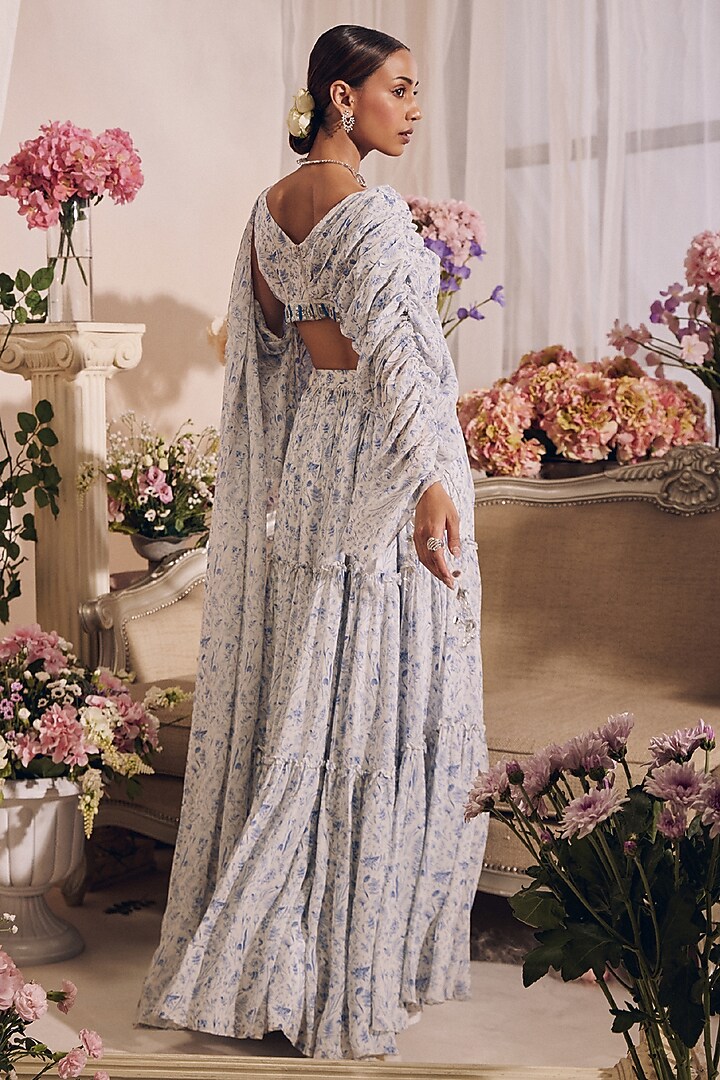 White Georgette Printed Gathered Skirt Set by Monarch at Pernia's Pop Up Shop