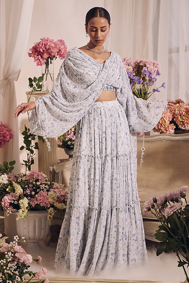 White Georgette Printed Gathered Skirt Set by Monarch at Pernia's Pop Up Shop