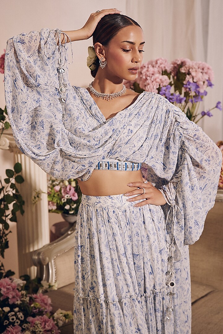 White Georgette Printed Gathered Skirt Set by Monarch at Pernia's Pop Up Shop
