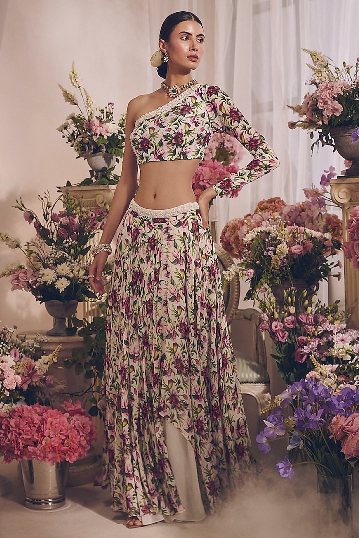 White Georgette Printed Skirt Set by Monarch at Pernia's Pop Up Shop