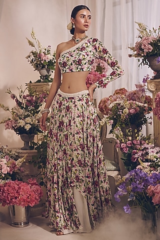 White Georgette Printed Skirt Set by Monarch