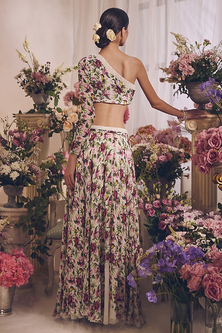 White Georgette Printed Skirt Set by Monarch at Pernia's Pop Up Shop