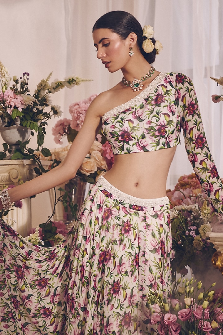 White Georgette Printed Skirt Set by Monarch at Pernia's Pop Up Shop
