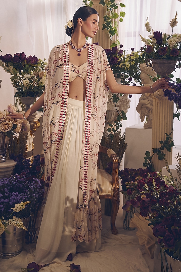 White Georgette Hand Embroidered Cape Set by Monarch at Pernia's Pop Up Shop