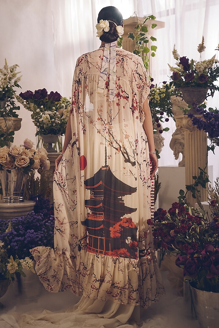 White Georgette Hand Embroidered Cape Set by Monarch at Pernia's Pop Up Shop