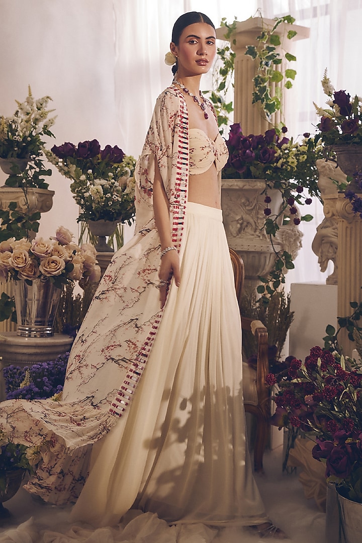 White Georgette Hand Embroidered Cape Set by Monarch at Pernia's Pop Up Shop