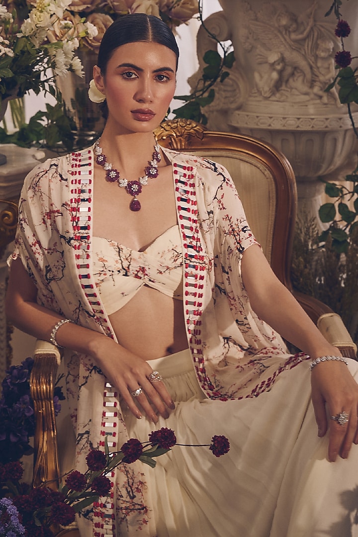 White Georgette Hand Embroidered Cape Set by Monarch at Pernia's Pop Up Shop