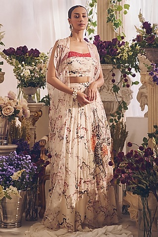 White Chiffon Printed Gathered Skirt Set by Monarch