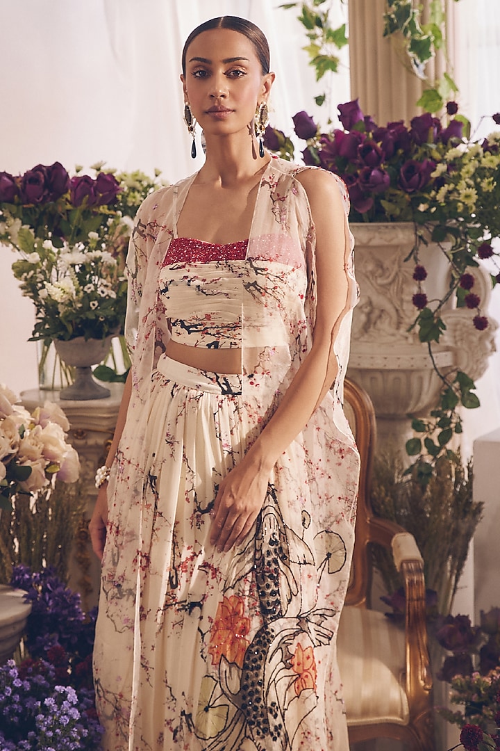 White Chiffon Printed Gathered Skirt Set by Monarch at Pernia's Pop Up Shop