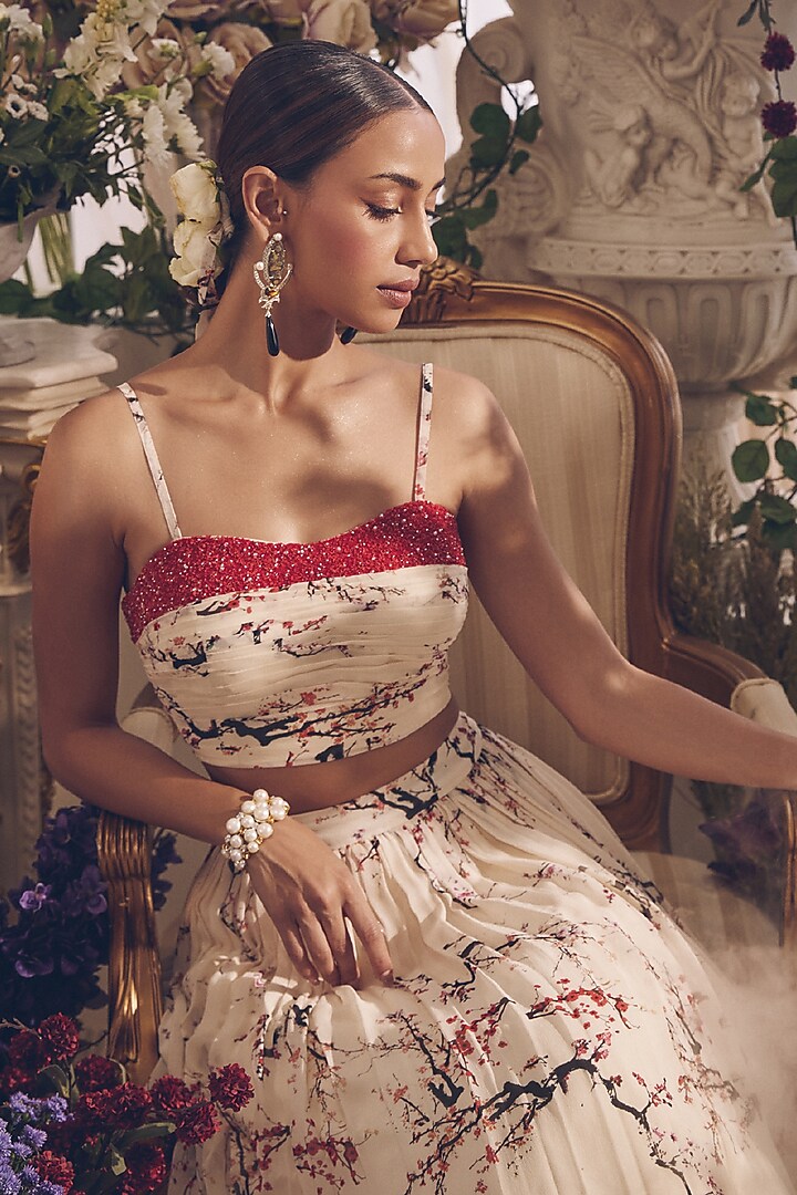 White Chiffon Printed Gathered Skirt Set by Monarch at Pernia's Pop Up Shop