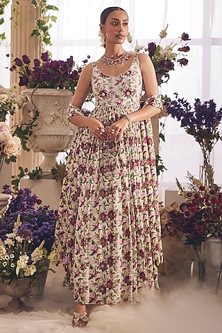 White Pure Georgette Printed & Hand Embroidered Anarkali Set by Monarch