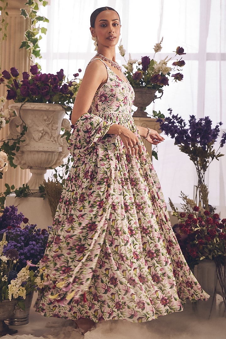 White Pure Georgette Printed & Hand Embroidered Wedding Anarkali Set by Monarch at Pernia's Pop Up Shop