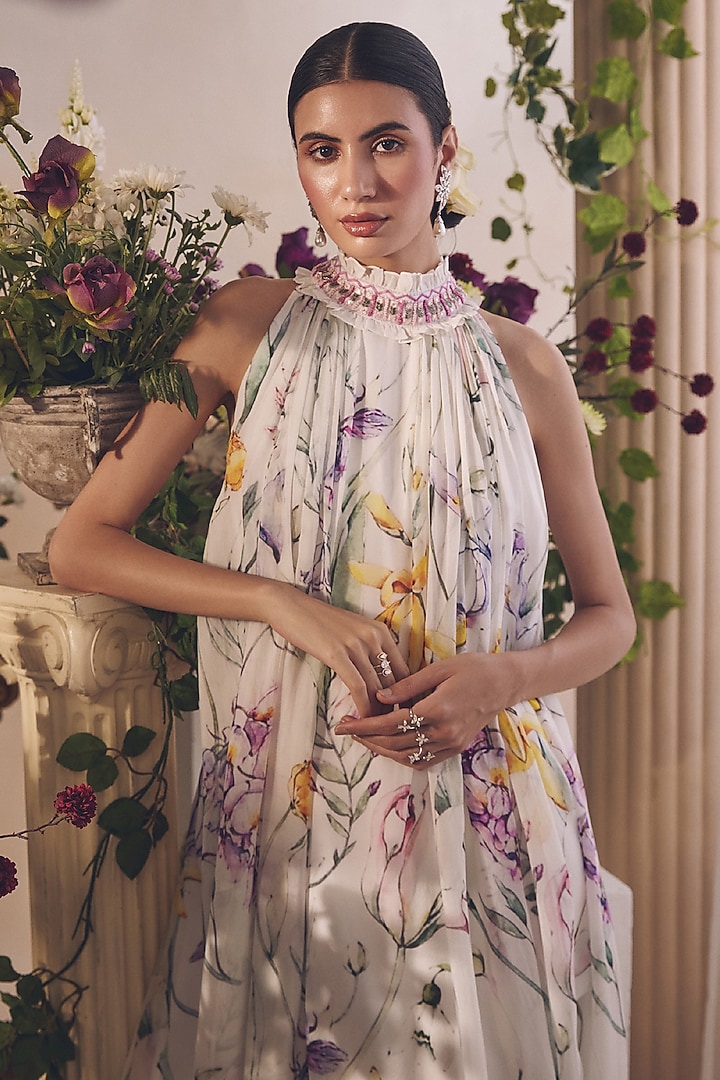 White Chiffon Printed Vacation Dress by Monarch at Pernia's Pop Up Shop