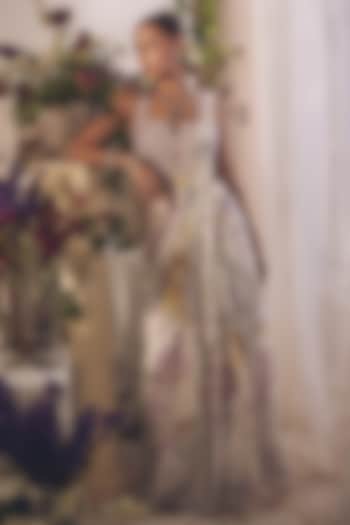 White Chiffon Printed Pre-Draped Wedding Saree Set by Monarch at Pernia's Pop Up Shop