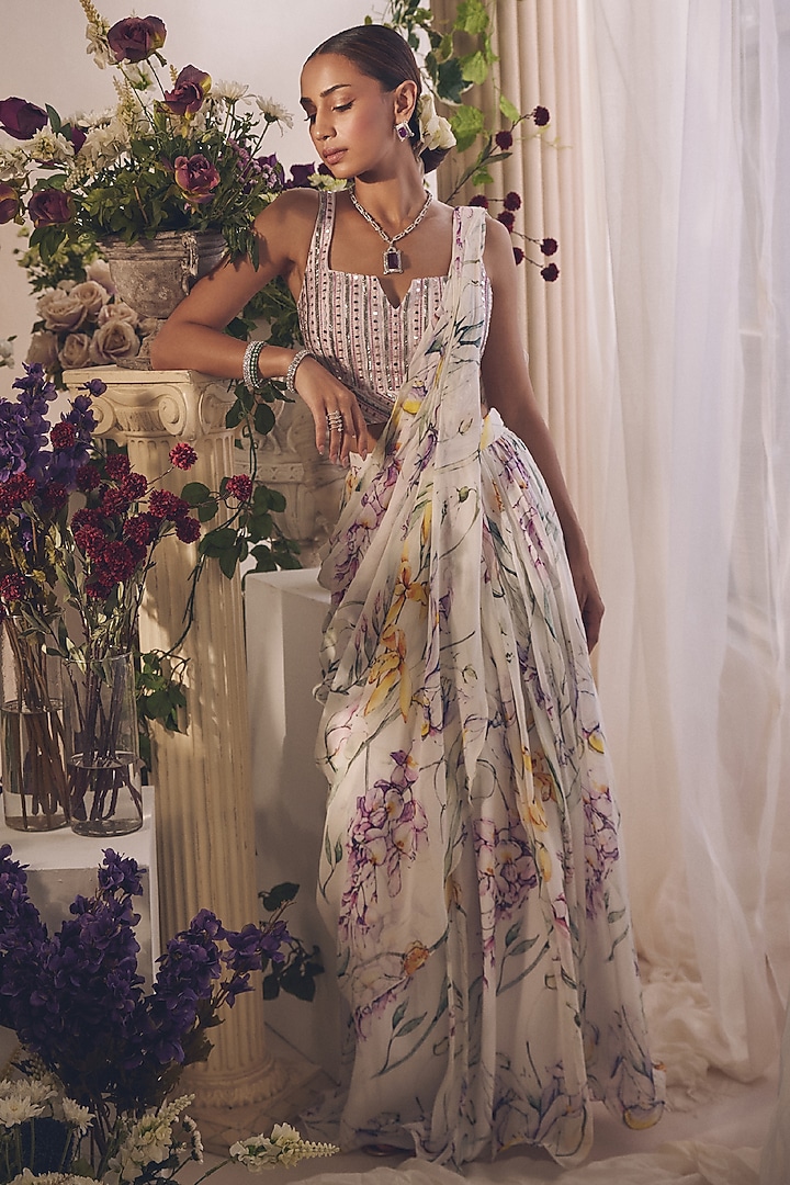 White Chiffon Printed Pre-Draped Wedding Saree Set by Monarch at Pernia's Pop Up Shop